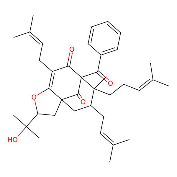 2D Structure of 8-Benzoyl-3-(2-hydroxypropan-2-yl)-9-methyl-6,10-bis(3-methylbut-2-enyl)-9-(4-methylpent-3-enyl)-4-oxatricyclo[6.3.1.01,5]dodec-5-ene-7,12-dione