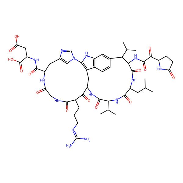 2D Structure of (2S)-2-[[(10S,16R,18S,21S,24S,27S,28S)-16-[3-(diaminomethylideneamino)propyl]-24-(2-methylpropyl)-12,15,17,20,23,26-hexaoxo-27-[[2-oxo-2-[(2S)-5-oxopyrrolidin-2-yl]acetyl]amino]-21,28-di(propan-2-yl)-3,5,7,11,14,19,22,25-octazapentacyclo[16.13.2.12,29.15,8.04,32]pentatriaconta-1,4(32),6,8(35),29(34),30-hexaene-10-carbonyl]amino]butanedioic acid