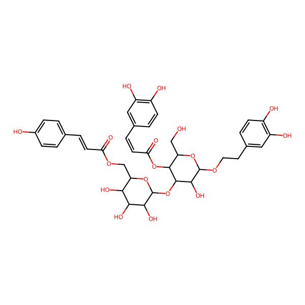2D Structure of [(2R,3S,4S,5R,6S)-6-[(2R,3R,4R,5R,6R)-2-[2-(3,4-dihydroxyphenyl)ethoxy]-5-[(E)-3-(3,4-dihydroxyphenyl)prop-2-enoyl]oxy-3-hydroxy-6-(hydroxymethyl)oxan-4-yl]oxy-3,4,5-trihydroxyoxan-2-yl]methyl (E)-3-(4-hydroxyphenyl)prop-2-enoate