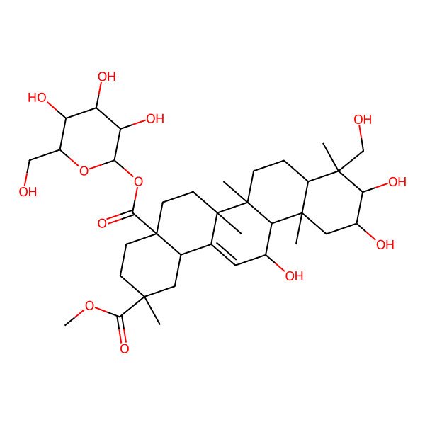 2D Structure of 2-O-methyl 4a-O-[(2S,3R,4S,5S,6R)-3,4,5-trihydroxy-6-(hydroxymethyl)oxan-2-yl] (2S,4aR,6aR,6aS,6bR,8aR,9R,10R,11S,12aS,13R,14bS)-10,11,13-trihydroxy-9-(hydroxymethyl)-2,6a,6b,9,12a-pentamethyl-1,3,4,5,6,6a,7,8,8a,10,11,12,13,14b-tetradecahydropicene-2,4a-dicarboxylate