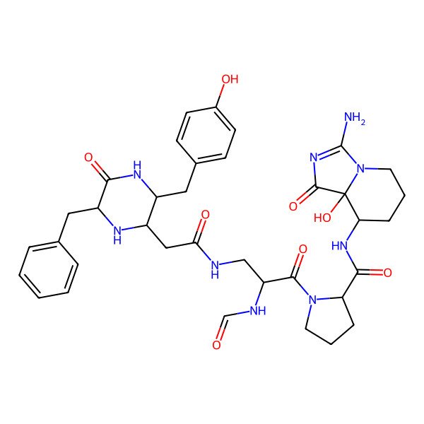 2D Structure of (2S)-N-[(8S,8aR)-3-amino-8a-hydroxy-1-oxo-5,6,7,8-tetrahydroimidazo[1,5-a]pyridin-8-yl]-1-[(2S)-3-[[2-[(2R,3S,6R)-6-benzyl-3-[(4-hydroxyphenyl)methyl]-5-oxopiperazin-2-yl]acetyl]amino]-2-formamidopropanoyl]pyrrolidine-2-carboxamide