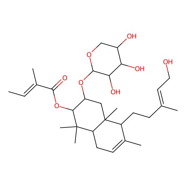 2D Structure of [(2S,3S,4aR,5R,8aS)-5-[(E)-5-hydroxy-3-methylpent-3-enyl]-1,1,4a,6-tetramethyl-3-[(2S,3R,4S,5S)-3,4,5-trihydroxyoxan-2-yl]oxy-2,3,4,5,8,8a-hexahydronaphthalen-2-yl] (Z)-2-methylbut-2-enoate