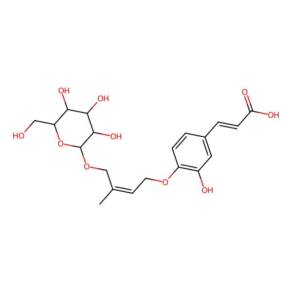 2D Structure of 3-[3-Hydroxy-4-[3-methyl-4-[3,4,5-trihydroxy-6-(hydroxymethyl)oxan-2-yl]oxybut-2-enoxy]phenyl]prop-2-enoic acid