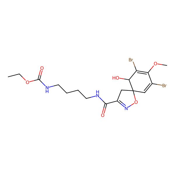 2D Structure of ethyl N-[4-[(7,9-dibromo-6-hydroxy-8-methoxy-1-oxa-2-azaspiro[4.5]deca-2,7,9-triene-3-carbonyl)amino]butyl]carbamate