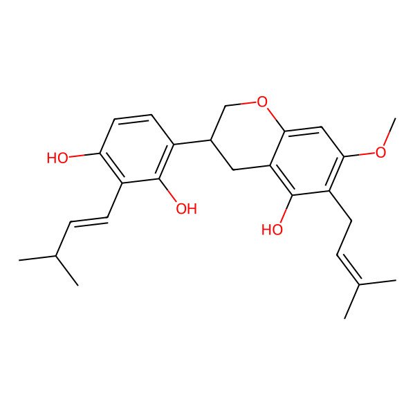 2D Structure of 4-[(3R)-5-hydroxy-7-methoxy-6-(3-methylbut-2-enyl)-3,4-dihydro-2H-chromen-3-yl]-2-[(E)-3-methylbut-1-enyl]benzene-1,3-diol