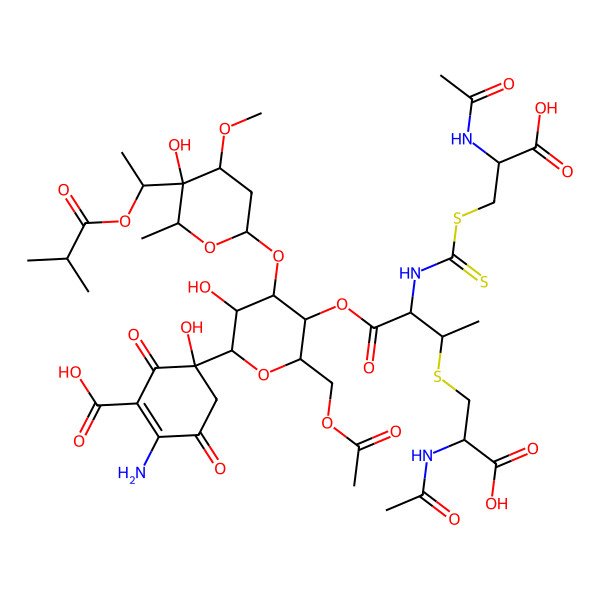 2D Structure of (5S)-5-[(2R,3R,4S,5R,6R)-5-[3-[(2R)-2-acetamido-2-carboxyethyl]sulfanyl-2-[[(2R)-2-acetamido-2-carboxyethyl]sulfanylcarbothioylamino]butanoyl]oxy-6-(acetyloxymethyl)-3-hydroxy-4-[(4S,5S,6S)-5-hydroxy-4-methoxy-6-methyl-5-[(1S)-1-(2-methylpropanoyloxy)ethyl]oxan-2-yl]oxyoxan-2-yl]-2-amino-5-hydroxy-3,6-dioxocyclohexene-1-carboxylic acid