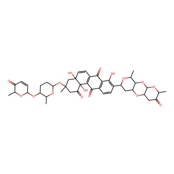 2D Structure of (3R,4aR,12bS)-9-[(1R,3R,5S,8S,10R,12R,14R)-5,14-dimethyl-6-oxo-2,4,9,13-tetraoxatricyclo[8.4.0.03,8]tetradecan-12-yl]-4a,8,12b-trihydroxy-3-methyl-3-[(2S,5S,6S)-6-methyl-5-[[(2R,6S)-6-methyl-5-oxo-2H-pyran-2-yl]oxy]oxan-2-yl]oxy-2,4-dihydrobenzo[a]anthracene-1,7,12-trione