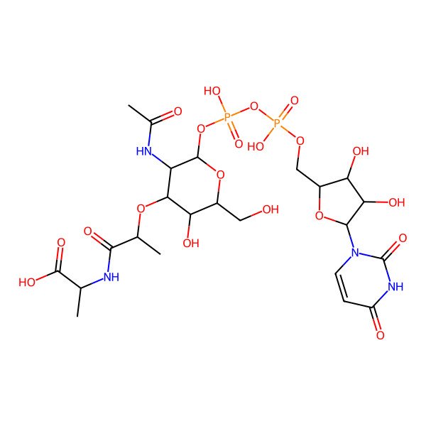 2D Structure of (2R)-2-[[(2S)-2-[(2R,3R,4R,5S,6R)-3-acetamido-2-[[[(2S,3R,4R,5S)-5-(2,4-dioxopyrimidin-1-yl)-3,4-dihydroxyoxolan-2-yl]methoxy-hydroxyphosphoryl]oxy-hydroxyphosphoryl]oxy-5-hydroxy-6-(hydroxymethyl)oxan-4-yl]oxypropanoyl]amino]propanoic acid