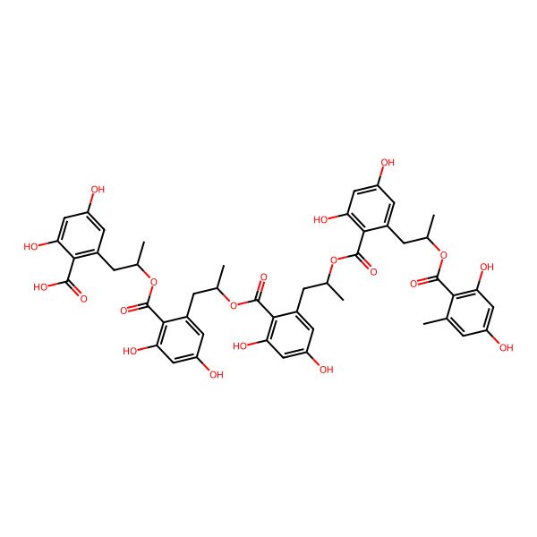 2D Structure of 2-[(2S)-2-[2-[(2S)-2-[2-[(2S)-2-[2-[(2S)-2-(2,4-dihydroxy-6-methylbenzoyl)oxypropyl]-4,6-dihydroxybenzoyl]oxypropyl]-4,6-dihydroxybenzoyl]oxypropyl]-4,6-dihydroxybenzoyl]oxypropyl]-4,6-dihydroxybenzoic acid