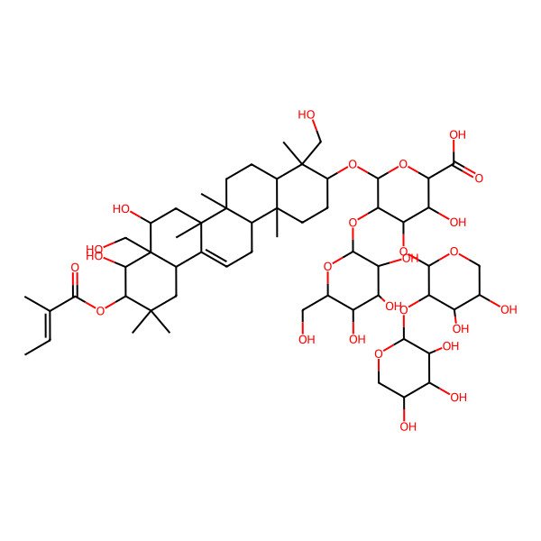 2D Structure of (2S,3S,4S,5R,6R)-6-[[(3S,4R,6aR,6bS,8R,8aR,9R,10R,14bR)-8,9-dihydroxy-4,8a-bis(hydroxymethyl)-4,6a,6b,11,11,14b-hexamethyl-10-(2-methylbut-2-enoyloxy)-1,2,3,4a,5,6,7,8,9,10,12,12a,14,14a-tetradecahydropicen-3-yl]oxy]-4-[(2S,3R,4S,5S)-4,5-dihydroxy-3-[(2S,3R,4S,5R)-3,4,5-trihydroxyoxan-2-yl]oxyoxan-2-yl]oxy-3-hydroxy-5-[(2R,3R,4S,5R,6R)-3,4,5-trihydroxy-6-(hydroxymethyl)oxan-2-yl]oxyoxane-2-carboxylic acid
