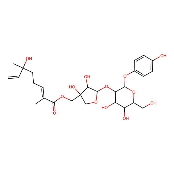 2D Structure of [(3S,4S,5S)-5-[(2S,3R,4S,5S,6R)-4,5-dihydroxy-6-(hydroxymethyl)-2-(4-hydroxyphenoxy)oxan-3-yl]oxy-3,4-dihydroxyoxolan-3-yl]methyl (2Z,6S)-6-hydroxy-2,6-dimethylocta-2,7-dienoate