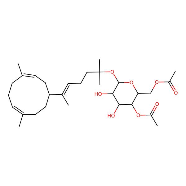 2D Structure of [(2R,3R,4R,5R,6S)-3-acetyloxy-6-[(E)-6-[(1S,3E,7E)-4,8-dimethylcyclodeca-3,7-dien-1-yl]-2-methylhept-5-en-2-yl]oxy-4,5-dihydroxyoxan-2-yl]methyl acetate