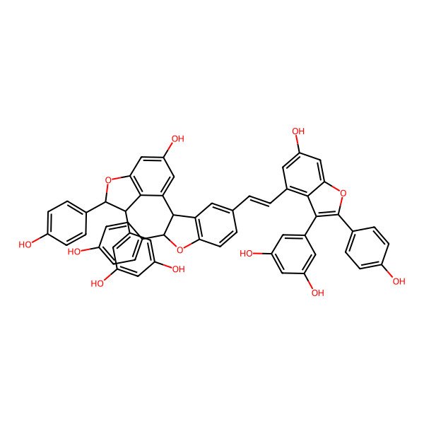 2D Structure of 5-[(2S,3S)-4-[(2S,3S)-5-[(E)-2-[3-(3,5-dihydroxyphenyl)-6-hydroxy-2-(4-hydroxyphenyl)-1-benzofuran-4-yl]ethenyl]-2-(4-hydroxyphenyl)-2,3-dihydro-1-benzofuran-3-yl]-6-hydroxy-2-(4-hydroxyphenyl)-2,3-dihydro-1-benzofuran-3-yl]benzene-1,3-diol