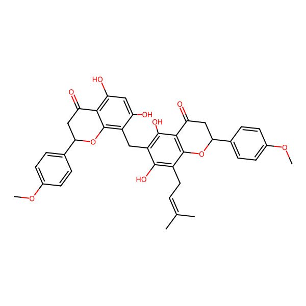 2D Structure of (2R)-6-[[(2S)-5,7-dihydroxy-2-(4-methoxyphenyl)-4-oxo-2,3-dihydrochromen-8-yl]methyl]-5,7-dihydroxy-2-(4-methoxyphenyl)-8-(3-methylbut-2-enyl)-2,3-dihydrochromen-4-one