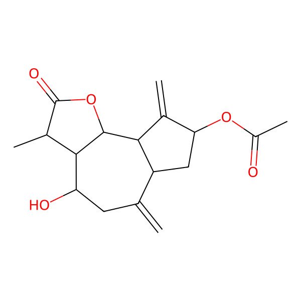 2D Structure of (4-hydroxy-3-methyl-6,9-dimethylidene-2-oxo-3a,4,5,6a,7,8,9a,9b-octahydro-3H-azuleno[4,5-b]furan-8-yl) acetate