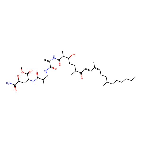 2D Structure of Methyl 5-amino-4-hydroxy-2-[[3-[2-[(3-hydroxy-2,6,10,14-tetramethyl-7-oxoicosa-8,10-dienoyl)amino]prop-2-enoylamino]-2-methylpropanoyl]amino]-5-oxopentanoate