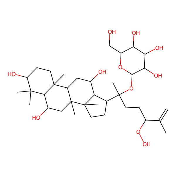 2D Structure of 2-[5-hydroperoxy-6-methyl-2-(3,6,12-trihydroxy-4,4,8,10,14-pentamethyl-2,3,5,6,7,9,11,12,13,15,16,17-dodecahydro-1H-cyclopenta[a]phenanthren-17-yl)hept-6-en-2-yl]oxy-6-(hydroxymethyl)oxane-3,4,5-triol