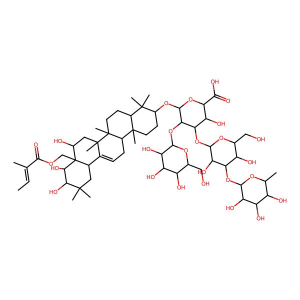 2D Structure of (2R,3R,4R,5S,6S)-6-[[(3R,4aR,6aR,6bR,8R,8aR,9S,10S,12aR,14aR,14bR)-8,9,10-trihydroxy-4,4,6a,6b,11,11,14b-heptamethyl-8a-[[(E)-2-methylbut-2-enoyl]oxymethyl]-1,2,3,4a,5,6,7,8,9,10,12,12a,14,14a-tetradecahydropicen-3-yl]oxy]-4-[(2R,3S,4R,5S,6S)-3,5-dihydroxy-6-(hydroxymethyl)-4-[(2R,3S,4R,5R,6S)-3,4,5-trihydroxy-6-methyloxan-2-yl]oxyoxan-2-yl]oxy-3-hydroxy-5-[(2R,3S,4R,5R,6S)-3,4,5-trihydroxy-6-(hydroxymethyl)oxan-2-yl]oxyoxane-2-carboxylic acid