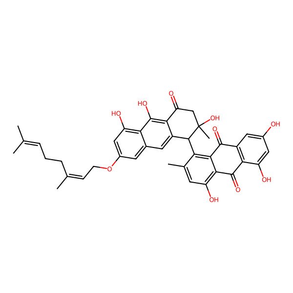 2D Structure of 1-[(1S,2R)-7-[(2E)-3,7-dimethylocta-2,6-dienoxy]-2,5,10-trihydroxy-2-methyl-4-oxo-1,3-dihydroanthracen-1-yl]-4,5,7-trihydroxy-2-methylanthracene-9,10-dione