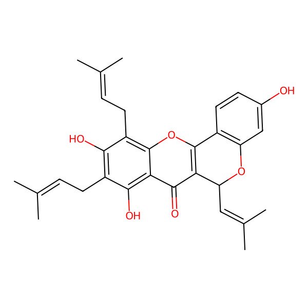 2D Structure of (6S)-3,8,10-trihydroxy-9,11-bis(3-methylbut-2-enyl)-6-(2-methylprop-1-enyl)-6H-chromeno[4,3-b]chromen-7-one