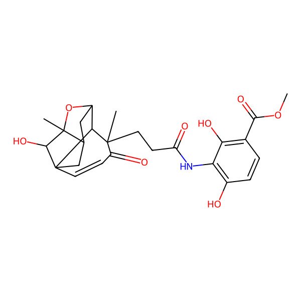 2D Structure of methyl 2,4-dihydroxy-3-[3-[(1S,5S,6R,7S,9R,12R)-12-hydroxy-5,9-dimethyl-4-oxo-8-oxatetracyclo[7.2.1.17,10.01,6]tridec-2-en-5-yl]propanoylamino]benzoate