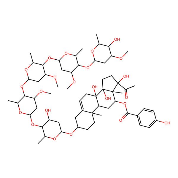 2D Structure of [17-Acetyl-8,14,17-trihydroxy-3-[4-hydroxy-5-[5-[5-[5-(5-hydroxy-4-methoxy-6-methyloxan-2-yl)oxy-4-methoxy-6-methyloxan-2-yl]oxy-4-methoxy-6-methyloxan-2-yl]oxy-4-methoxy-6-methyloxan-2-yl]oxy-6-methyloxan-2-yl]oxy-10,13-dimethyl-1,2,3,4,7,9,11,12,15,16-decahydrocyclopenta[a]phenanthren-12-yl] 4-hydroxybenzoate