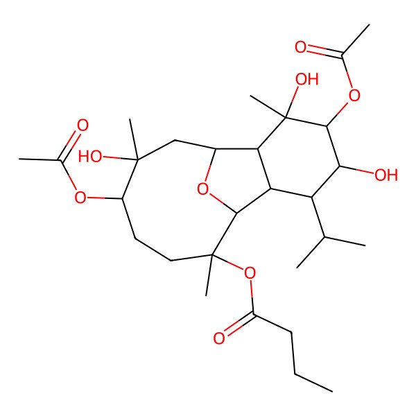 2D Structure of (4,12-Diacetyloxy-3,5,13-trihydroxy-3,9,13-trimethyl-6-propan-2-yl-15-oxatricyclo[6.6.1.02,7]pentadecan-9-yl) butanoate