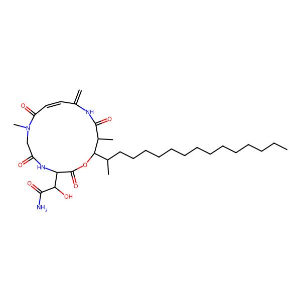 2D Structure of 2-(15-Hexadecan-2-yl-7,14-dimethyl-11-methylidene-2,5,8,13-tetraoxo-1-oxa-4,7,12-triazacyclopentadec-9-en-3-yl)-2-hydroxyacetamide