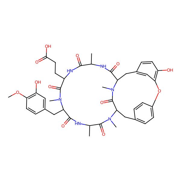 2D Structure of 3-[24-Hydroxy-10-[(3-hydroxy-4-methoxyphenyl)methyl]-4,9,13,15,29-pentamethyl-2,5,8,11,14,30-hexaoxo-22-oxa-3,6,9,12,15,29-hexazatetracyclo[14.12.2.218,21.123,27]tritriaconta-18,20,23,25,27(31),32-hexaen-7-yl]propanoic acid