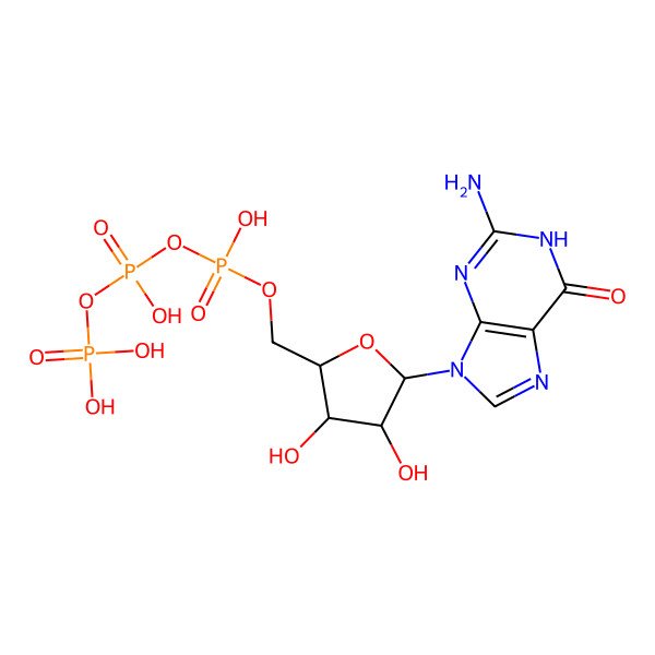 2D Structure of 2-Amino-9-[5-o-(hydroxy{[hydroxy(phosphonooxy)phosphoryl]oxy}phosphoryl)pentofuranosyl]-3,9-dihydro-6h-purin-6-one