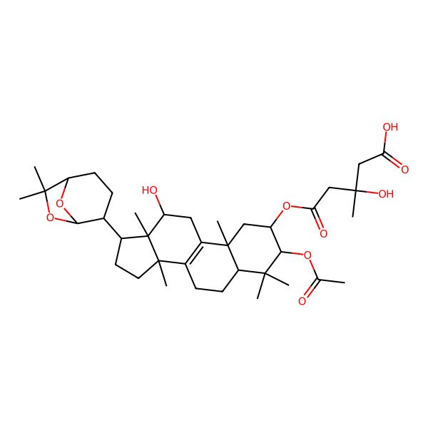 2D Structure of 5-[[3-acetyloxy-17-(7,7-dimethyl-6,8-dioxabicyclo[3.2.1]octan-4-yl)-12-hydroxy-4,4,10,13,14-pentamethyl-2,3,5,6,7,11,12,15,16,17-decahydro-1H-cyclopenta[a]phenanthren-2-yl]oxy]-3-hydroxy-3-methyl-5-oxopentanoic acid