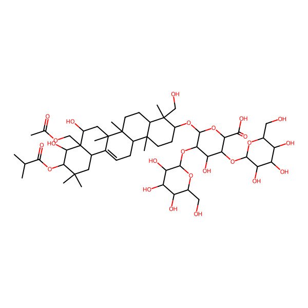 2D Structure of (2S,3S,4S,5R,6R)-6-[[(3S,4S,4aR,6aR,6bS,8R,8aR,9R,10R,12aS,14aR,14bR)-8a-(acetyloxymethyl)-8,9-dihydroxy-4-(hydroxymethyl)-4,6a,6b,11,11,14b-hexamethyl-10-(2-methylpropanoyloxy)-1,2,3,4a,5,6,7,8,9,10,12,12a,14,14a-tetradecahydropicen-3-yl]oxy]-4-hydroxy-3,5-bis[[(2S,3R,4S,5R,6R)-3,4,5-trihydroxy-6-(hydroxymethyl)oxan-2-yl]oxy]oxane-2-carboxylic acid