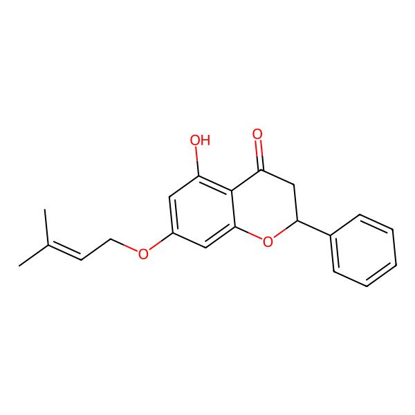 2D Structure of 4H-1-Benzopyran-4-one, 2,3-dihydro-5-hydroxy-7-((3-methyl-2-butenyl)oxy)-2-phenyl-, (S)- 2D Structure of 4H-1-Benzopyran-4-one, 2,3-dihydro-5-hydroxy-7-((3-methyl-2-butenyl)oxy)-2-phenyl-, (S)-