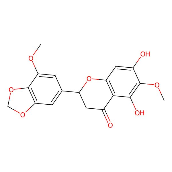 2D Structure of 4H-1-Benzopyran-4-one, 2,3-dihydro-5,7-dihydroxy-6-methoxy-2-(7-methoxy-1,3-benzodioxol-5-yl)-, (S)-
