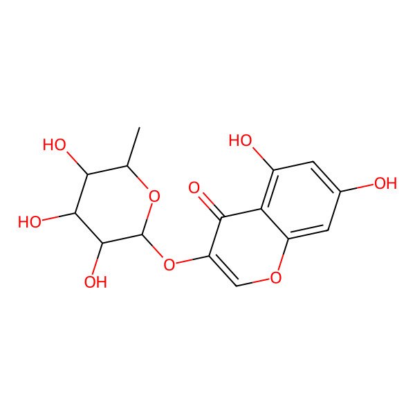 2D Structure of 4H-1-Benzopyran-4-one, 3-((6-deoxy-alpha-L-mannopyranosyl)oxy)-5,7-dihydroxy-