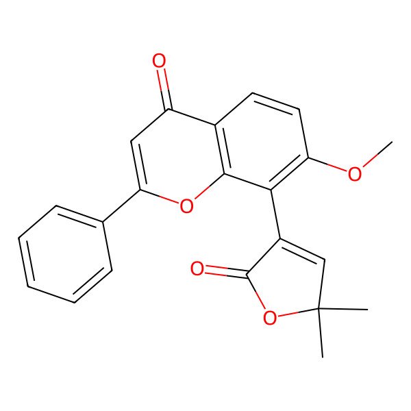 2D Structure of 4H-1-Benzopyran-4-one, 8-(2,5-dihydro-5,5-dimethyl-2-oxo-3-furanyl)-7-methoxy-2-phenyl-