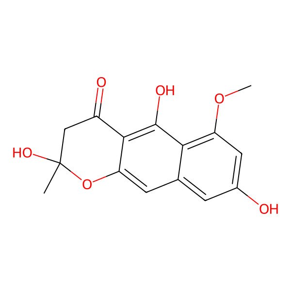 2D Structure of 4H-Naphtho(2,3-b)pyran-4-one, 2,3-dihydro-2,5,8-trihydroxy-6-methoxy-2-methyl-