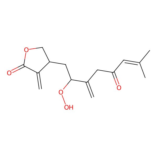2D Structure of (4R)-4-[(2R)-2-hydroperoxy-7-methyl-3-methylidene-5-oxooct-6-enyl]-3-methylideneoxolan-2-one