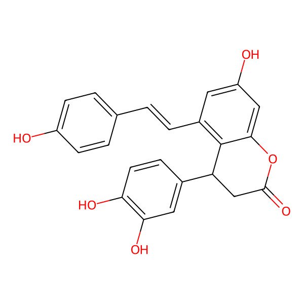 2D Structure of (4R)-4-(3,4-dihydroxyphenyl)-7-hydroxy-5-[(E)-2-(4-hydroxyphenyl)ethenyl]-3,4-dihydrochromen-2-one