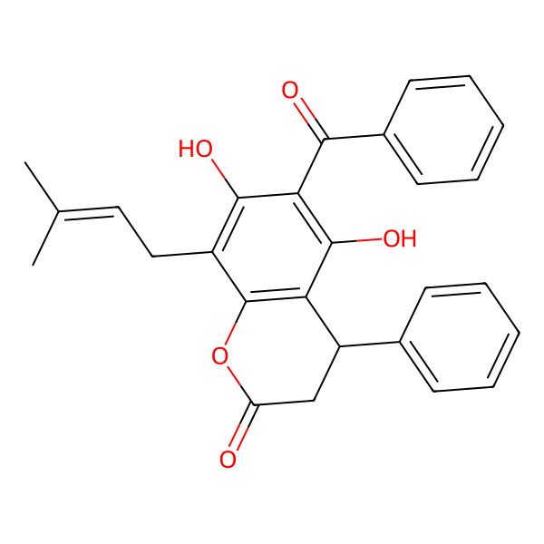 2D Structure of (4R)-6-benzoyl-5,7-dihydroxy-8-(3-methylbut-2-enyl)-4-phenyl-3,4-dihydrochromen-2-one 2D Structure of (4R)-6-benzoyl-5,7-dihydroxy-8-(3-methylbut-2-enyl)-4-phenyl-3,4-dihydrochromen-2-one