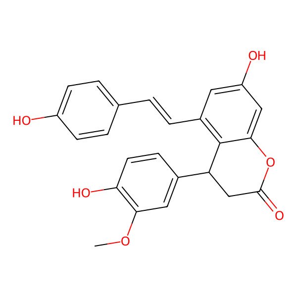 2D Structure of (4R)-7-hydroxy-4-(4-hydroxy-3-methoxyphenyl)-5-[2-(4-hydroxyphenyl)ethenyl]-3,4-dihydrochromen-2-one