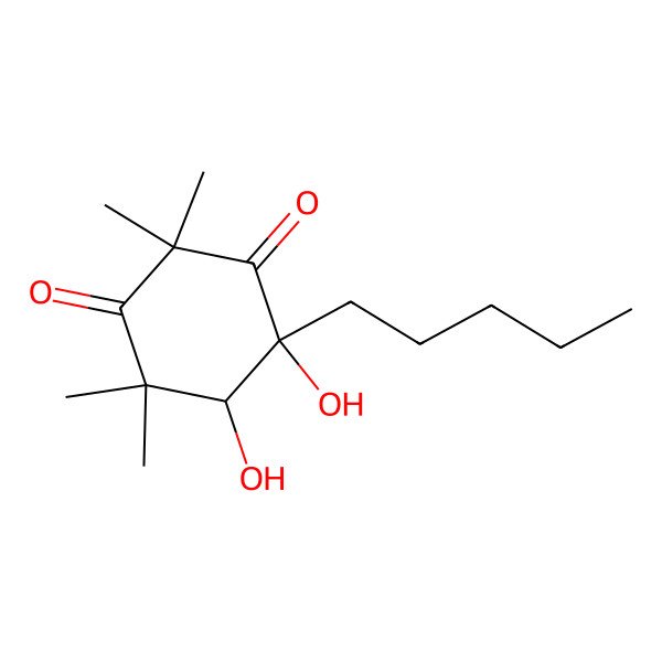2D Structure of (4R,5R)-4,5-dihydroxy-2,2,6,6-tetramethyl-4-pentylcyclohexane-1,3-dione 2D Structure of (4R,5R)-4,5-dihydroxy-2,2,6,6-tetramethyl-4-pentylcyclohexane-1,3-dione