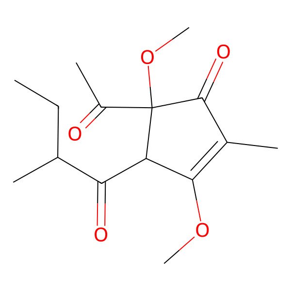 2D Structure of (4R,5S)-5-acetyl-3,5-dimethoxy-2-methyl-4-[(2R)-2-methylbutanoyl]cyclopent-2-en-1-one