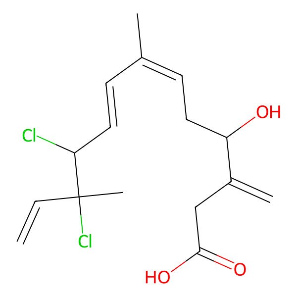 2D Structure of (4R,6E,8E,10S,11R)-10,11-dichloro-7,11-dimethyl-3-methylene-4-hydroxytrideca-6,8,12-trienoic acid