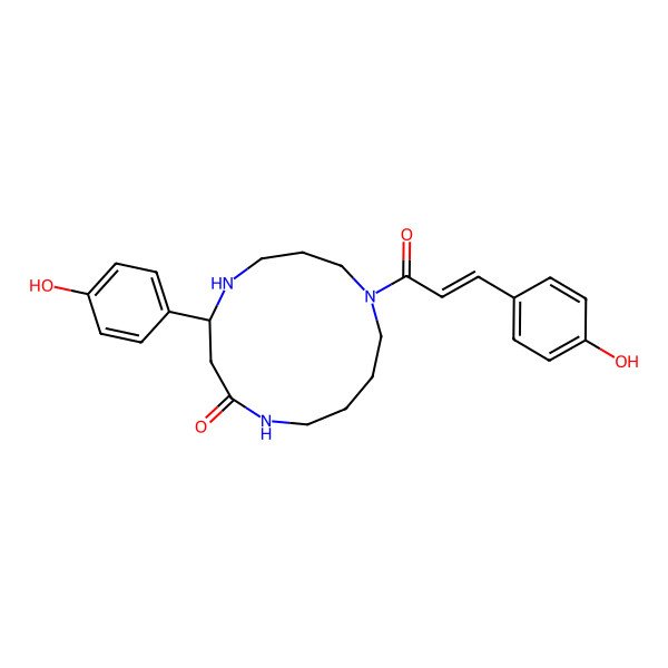 2D Structure of (4S)-4-(4-hydroxyphenyl)-9-[(E)-3-(4-hydroxyphenyl)prop-2-enoyl]-1,5,9-triazacyclotridecan-2-one