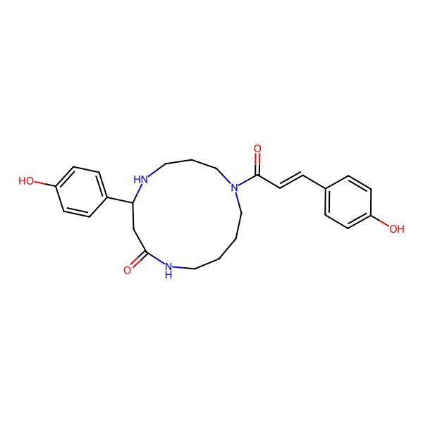 2D Structure of (4S)-4-(4-hydroxyphenyl)-9-[(Z)-3-(4-hydroxyphenyl)prop-2-enoyl]-1,5,9-triazacyclotridecan-2-one