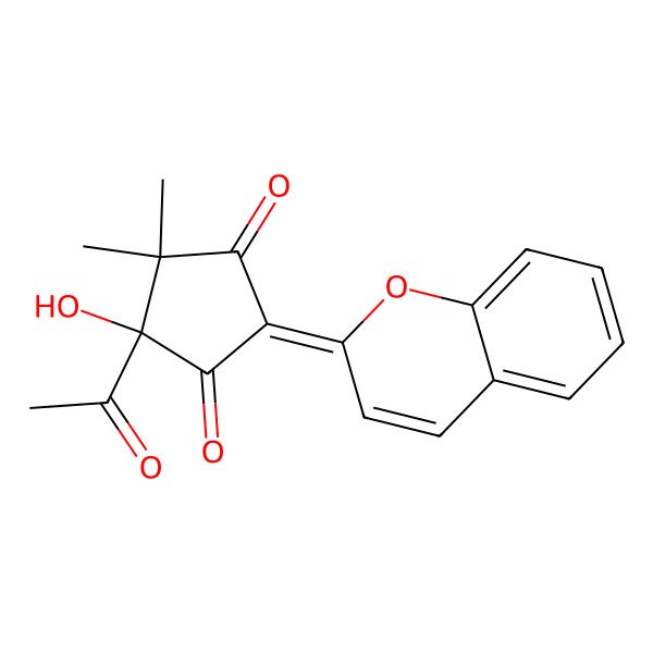 2D Structure of (4S)-4-acetyl-2-chromen-2-ylidene-4-hydroxy-5,5-dimethylcyclopentane-1,3-dione 2D Structure of (4S)-4-acetyl-2-chromen-2-ylidene-4-hydroxy-5,5-dimethylcyclopentane-1,3-dione