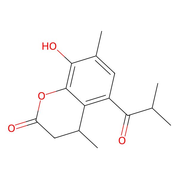 2D Structure of (4S)-8-hydroxy-4,7-dimethyl-5-(2-methylpropanoyl)-3,4-dihydrochromen-2-one