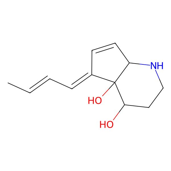 2D Structure of (4S,4aR,5E,7aR)-5-[(E)-but-2-enylidene]-2,3,4,7a-tetrahydro-1H-cyclopenta[b]pyridine-4,4a-diol