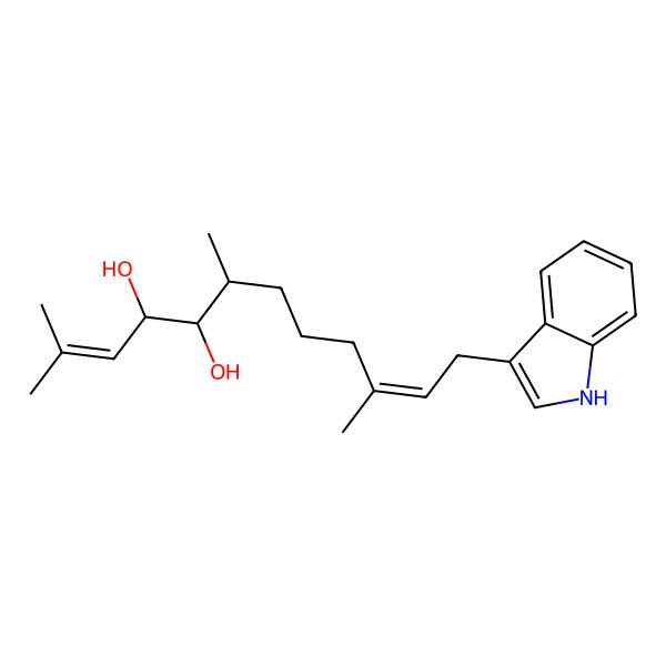 2D Structure of (4S,5S,6R,10E)-12-(1H-indol-3-yl)-2,6,10-trimethyldodeca-2,10-diene-4,5-diol 2D Structure of (4S,5S,6R,10E)-12-(1H-indol-3-yl)-2,6,10-trimethyldodeca-2,10-diene-4,5-diol